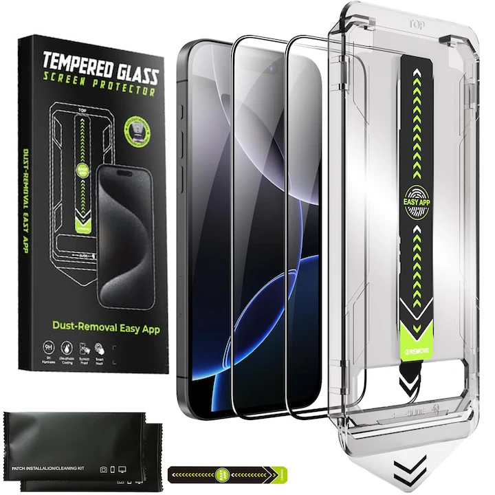 Folii protectie telefoane - Set 2 folii sticla pentru iPhone 15Plus/16Plus,, Folie sticla protectie telefon, Folie de inalta definitie, Cu dispozitiv de montare automata in 30 de secunde, Instalare 1:1 usoara si rapida, Impermea