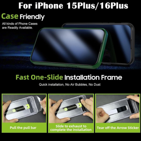 Set 2 folii sticla pentru iPhone 15Plus/16Plus,, Folie sticla protectie telefon, Folie de inalta definitie, Cu dispozitiv de montare automata in 30 de secunde, Instalare 1:1 usoara si rapida, Impermea [1]