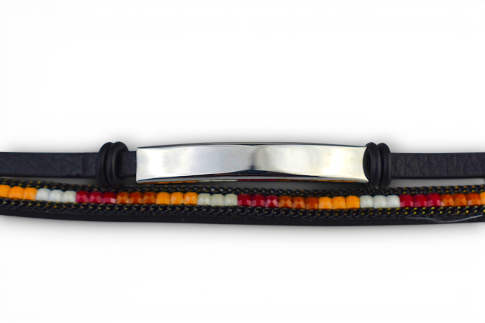 Brățară dublă cu mărgele decorative și plăcuță metalică – Personalizabil prin gravură - crem/maro [5]
