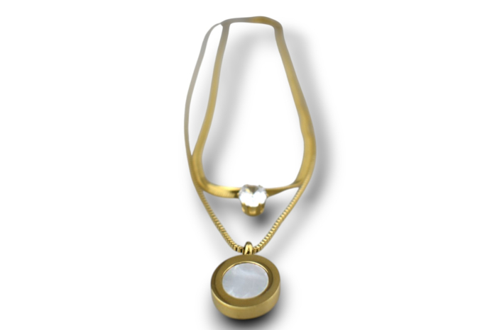 Lanț dublu cu cristal și medalion rotund, nuanță aurie – Personalizabil prin gravură [3]