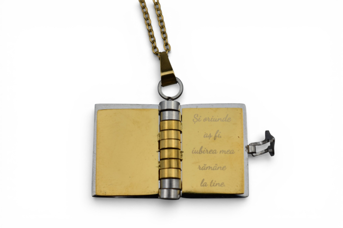 Lănțișor personalizat tip carte cu inimă – medalion secret gravabil-Auriu [5]