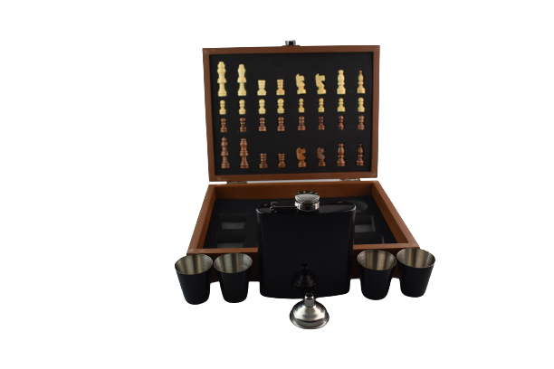 Set Tabla Sah cu plosca si 4 pahare, Lemn,24*18 cm [5]