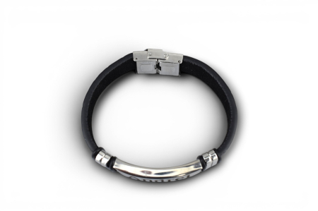 Brățară din piele cu textură croco și plăcuță metalică lată – Personalizabil prin gravură - Negru [6]