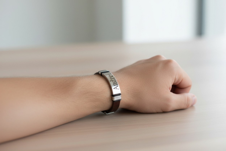 Brățară din piele cu textură croco și plăcuță metalică lată – Personalizabil prin gravură - Maro [9]