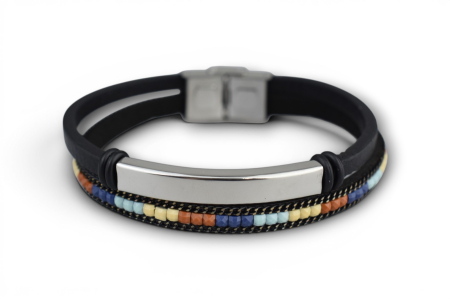 Produse personalizabile - Brățară dublă cu mărgele decorative și plăcuță metalică – Personalizabil prin gravură - multicolor
