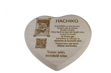 Produse - Placheta Memorială din Lemn – Inimă Personalizată cu Poză, Text și QR