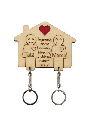Produse - Suport din lemn pentru brelocuri – Cuplu în căsuță