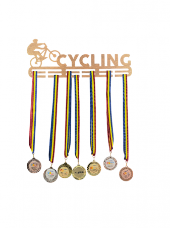 Produse personalizate - Suport Medalii Cycling, pentru Sportivi Ciclisti, lemn, maro, 50 cm