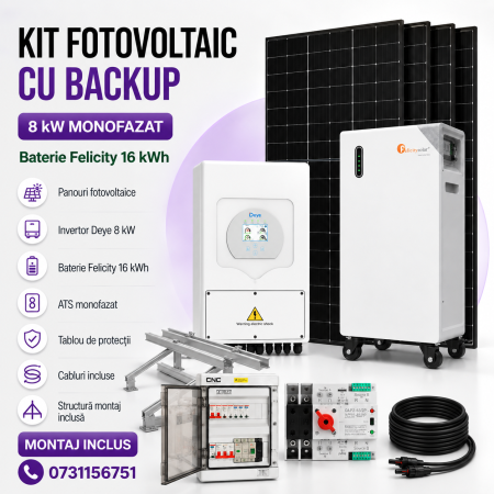 KIT-uri Fotovoltaice - Kit Fotovoltaic 8 kW Monofazat cu Baterie Felicity 16 kWh, Invertor Deye și Backup – Montaj Inclus
