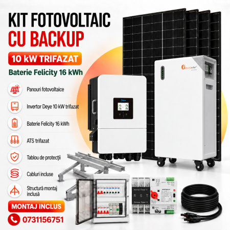 KIT-uri Fotovoltaice - Kit Fotovoltaic 10 kW Trifazat cu Baterie Felicity 16 kWh, Invertor Deye și Backup – Montaj Inclus