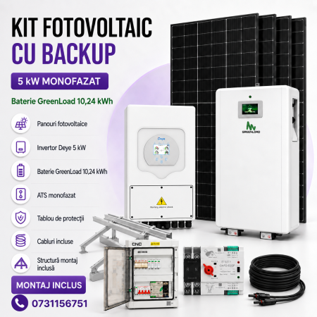 KIT-uri Fotovoltaice - Kit Fotovoltaic 5 kW Monofazat cu Baterie GreenLoad 10,24 kWh, Deye și Backup – Montaj Inclus
