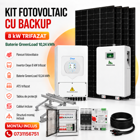 KIT-uri Fotovoltaice - Kit Fotovoltaic 8 kW Trifazat cu Baterie GreenLoad 10,24 kWh, Invertor Deye și Backup – Montaj Inclus