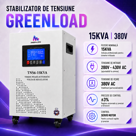 Stabilizatoare de Curent - Stabilizator Tensiune Trifazat TNS6-15KVA | 380V, Reglare Automată, Servo Motor, Afișaj Digital