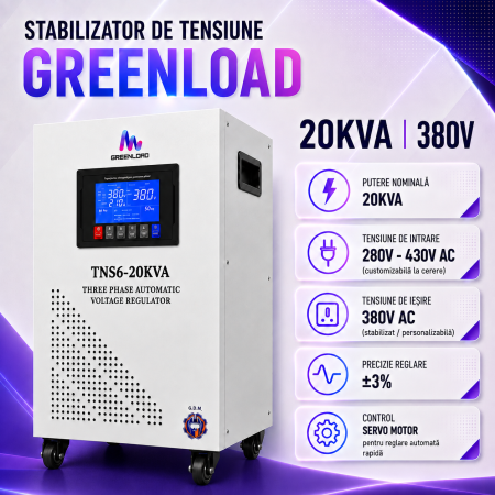 Stabilizatoare de Curent - Stabilizator Tensiune Trifazat TNS6-20KVA | 380V, Servo Motor, Protecție Completă, Afișaj Digital