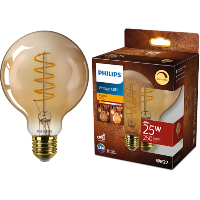 Bec LED vintage Philips Classic G93, intensitate luminoasa reglabila, E27, 4W (25W), 250 lm, lumina calda tip flacara (1800K), Auriu [1]