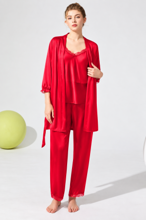 Damă - Compleu damă din satin, 3 piese – maiou, pantaloni și halat