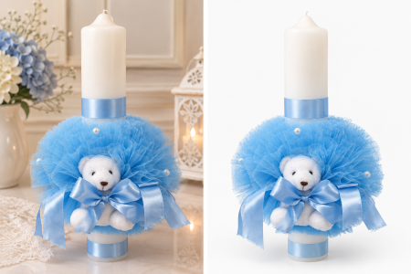 Produse - Lumanare botez-tulle, ursulet, bleu