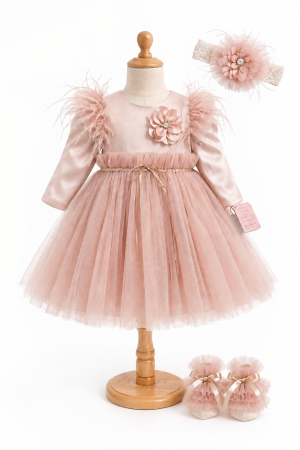 Produse - Rochita eleganta cu tulle,pene,bentita si botosei,Roz pudra