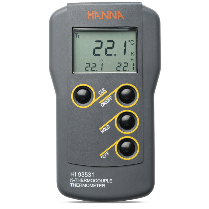 Termometru termocuplu de tip K cu rezoluție 0,1°, Interval: -200,0 până la 999,9°C; 1000 până la 1371°C [1]