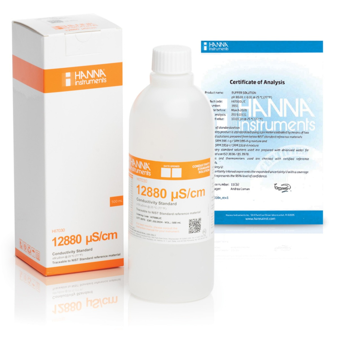 Solutie de calibrare 12880 µS/cm Valoarea EC @ 25°C, flacon de 500 ml cu certificat [1]