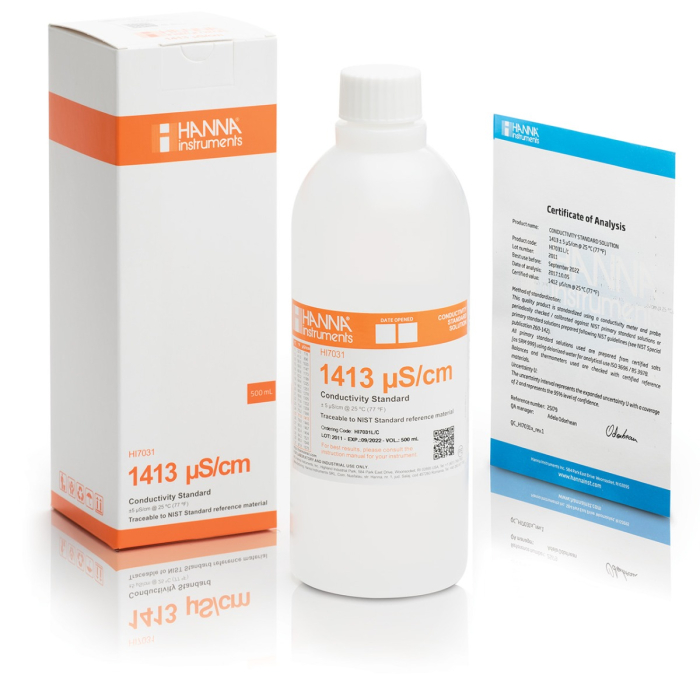 Solutie de calibrare 1413 µS/cm Valoarea CE la 25°C, flacon de 500 ml cu certificat de analiză [1]