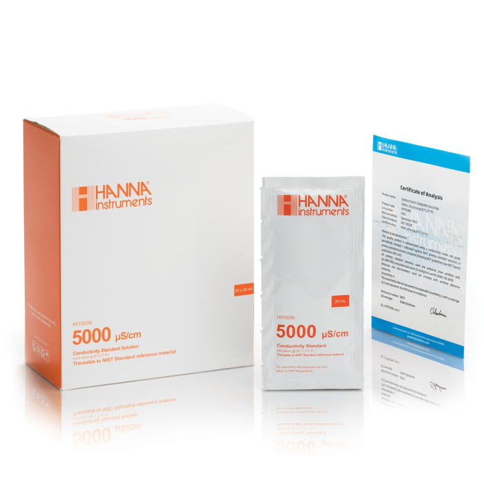 5000 µS/cm Valoarea EC la 25°C Plic standard de calibrare EC cu certificat de analiză, (25 x 20mL) [1]
