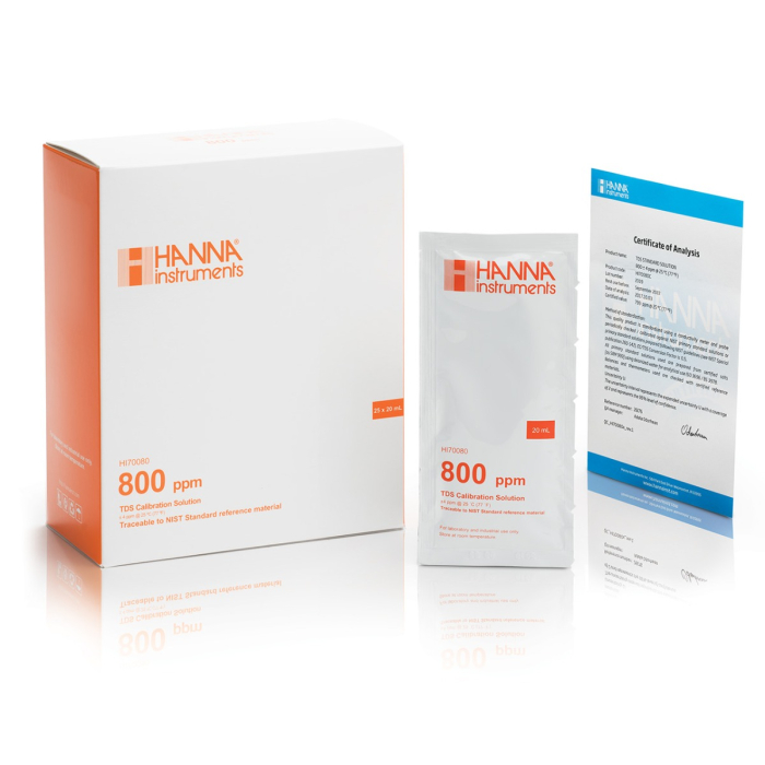 Solutie de calibrare 800 mg/L (ppm) Valoarea TDS la 25°C, (25) pliculețe de 20 ml cu certificat de analiză [1]