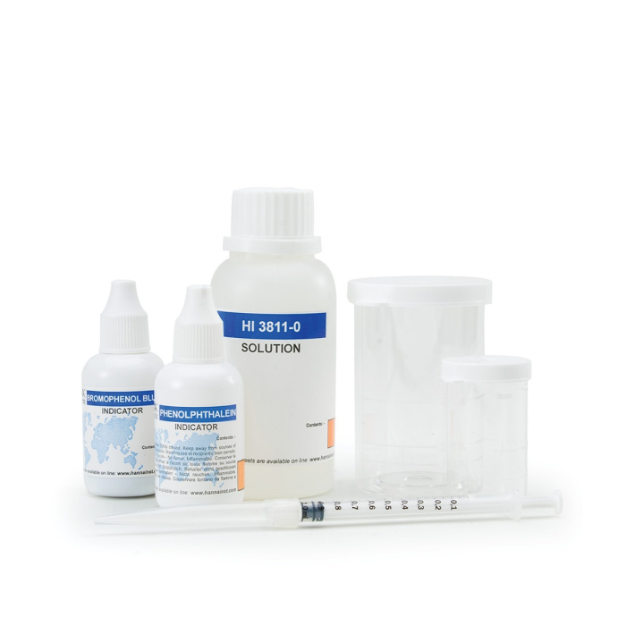 Teste chimice Alcalinitate (ca CaCO3) Fenolftaleină și alcalinitate totală, Interval: (0-100mg/L)(0-300mg/L) Metodă: titrare, aprox. 100 de teste [1]