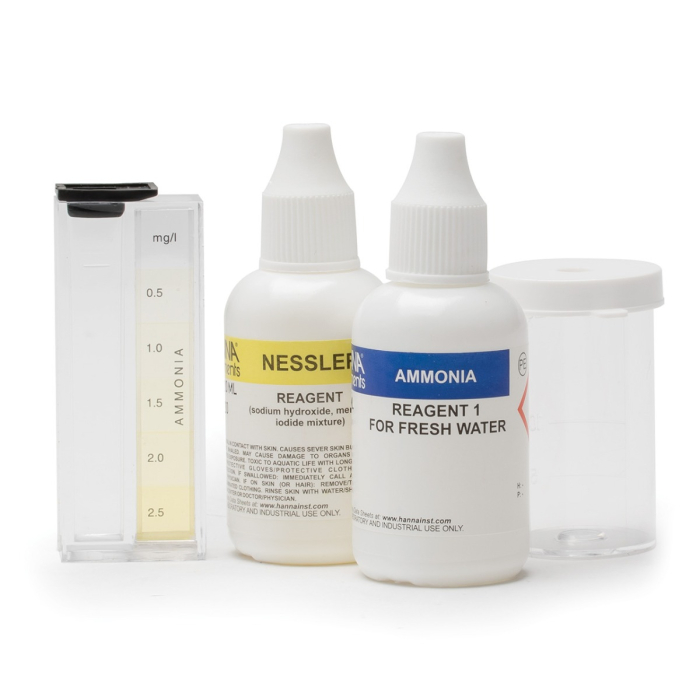 Teste chimice Amoniac (ca NH3-N), apă dulce, interval: (0,0-2,5 mg/L) Metodă: colorimetrică, aprox. 25 de teste [1]