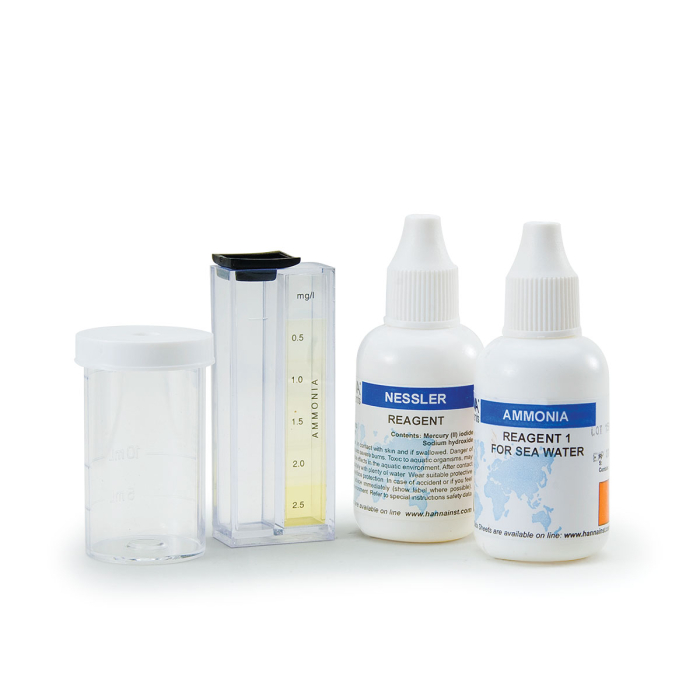 Teste chimice Amoniac (ca NH3-N), apă sărată, Interval: (0,0-2,5 mg/L) Metodă: colorimetrică, aprox. 25 de teste [1]