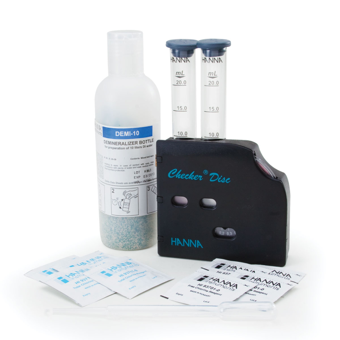 Clor (ca Cl₂, liber și total), Interval: (0,00-0,70 mg/L)(0,0-3,5 mg/L) Metodă: CheckerDisc, 200 de teste [1]