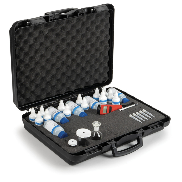 Kit de testare pentru apa din mediu; aciditate (ca CaCO3), alcalinitate (ca CaCO3), dioxid de carbon (ca CO2), duritate (ca CaCO3), oxigen dizolvat, pH [1]