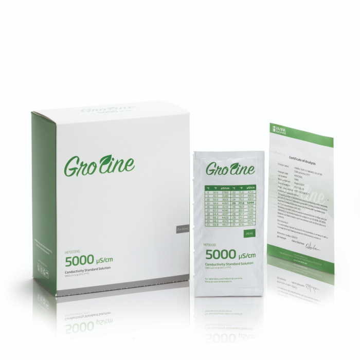 GroLine 5000 µS/cm Valoare EC la 25°C, Plicuri standard de calibrare EC cu certificat de analiză, (25 x 20 ml) [1]