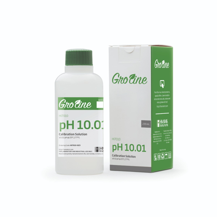 Soluție tampon GroLine pH 10,01 (+/- 0,02 precizie pH la 25°C) cu certificat de analiză, flacon de 230 ml [1]