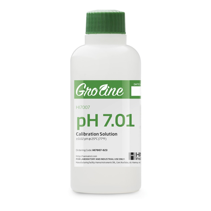 Soluție tampon GroLine pH 7,01 (+/- 0,02 precizie pH la 25°C) cu certificat de analiză, flacon de 230 ml [1]