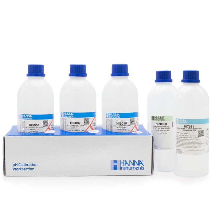Soluție de calibrare tehnică pH 4,01, pH 7,01, pH 10,01, soluție de depozitare HI 70300L, soluție de curățare de uz general HI7061, (1 fiecare) sticle de 500 ml [1]