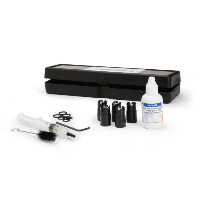 Kit de întreținere a sondei format din HI7042S (soluție electrolit pentru senzorul DO), O-ring-uri pentru senzorul DO (5), perie mică, O-ring-uri pentru sondă (5) și seringă cu unsoare pentru lubrifie [1]