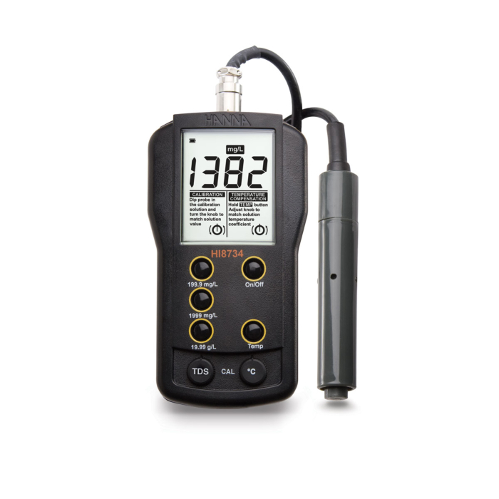 TDS-metru, Interval: 0,0 până la 199,9 mg/L (ppm); 0 până la 1999 mg/L (ppm); 0,00 până la 19,99 g/L (ppt) [2]