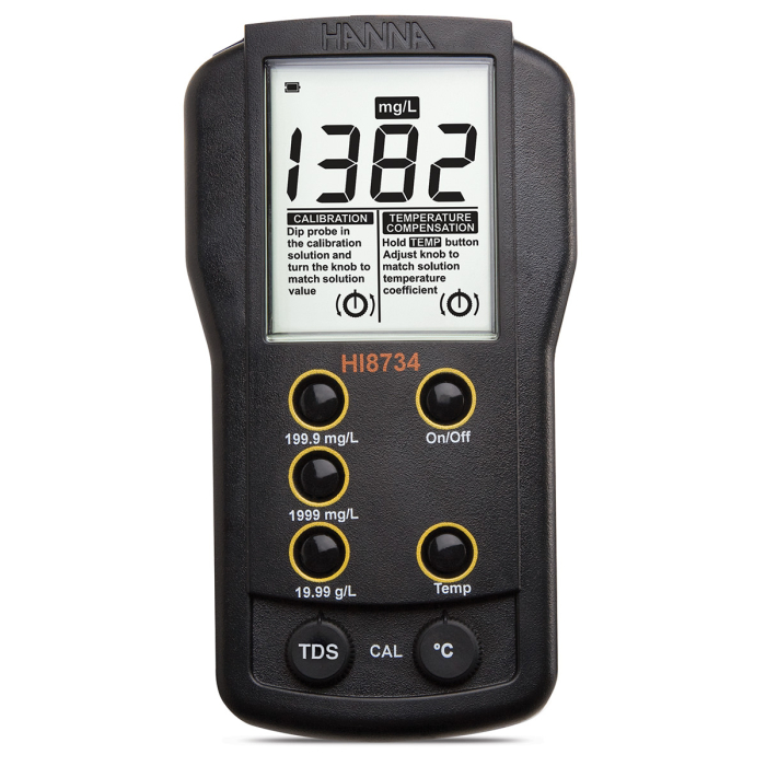 TDS-metru, Interval: 0,0 până la 199,9 mg/L (ppm); 0 până la 1999 mg/L (ppm); 0,00 până la 19,99 g/L (ppt) [1]