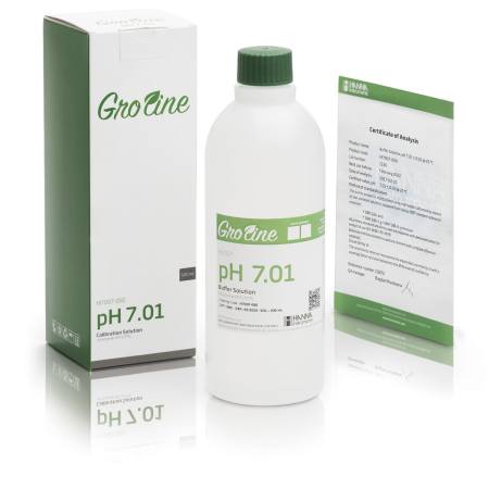 Soluție tampon GroLine pH 7,01 (+/- 0,02 precizie pH la 25°C) cu certificat de analiză, 500 ml