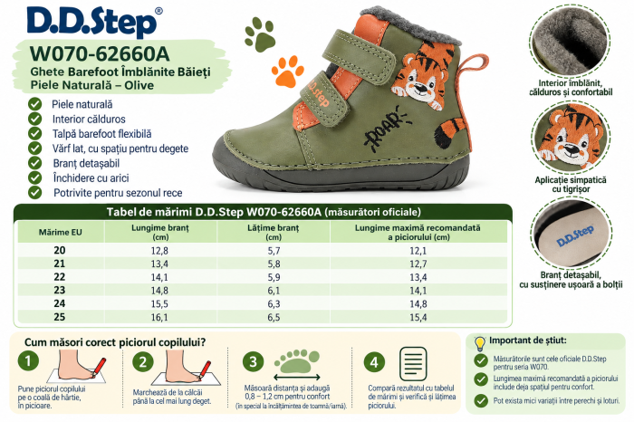 Ghete Barefoot Îmblănite Băieți D.D.Step W070-62660A Olive – Piele Naturală, Verzi, cu Tigrișor [8]