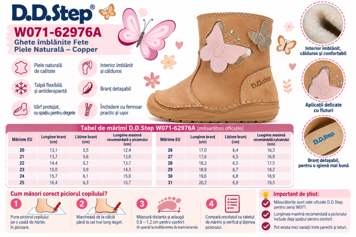 Cizme Fete D.D.Step W071-62976A Copper – Piele Naturală, Maro Caramel, cu Fluturi [8]