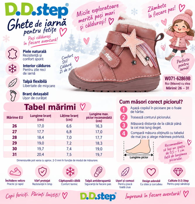 Ghete Iarnă Fete D.D.Step W071-62869B – Piele Naturală, Îmblănite, Roz cu Stea [8]