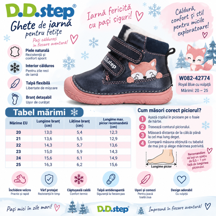 Ghete Iarnă Fete D.D.Step W082-42774 – Piele Naturală, Îmblănite, Royal Blue cu Vulpiță [7]