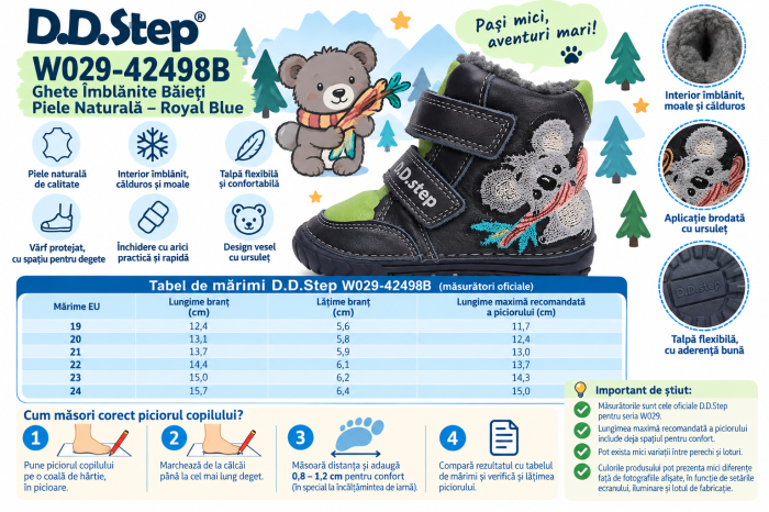Ghete Îmblănite Băieți D.D.Step W029-42498B Royal Blue – Piele Naturală Bleumarin, cu Ursuleț [7]