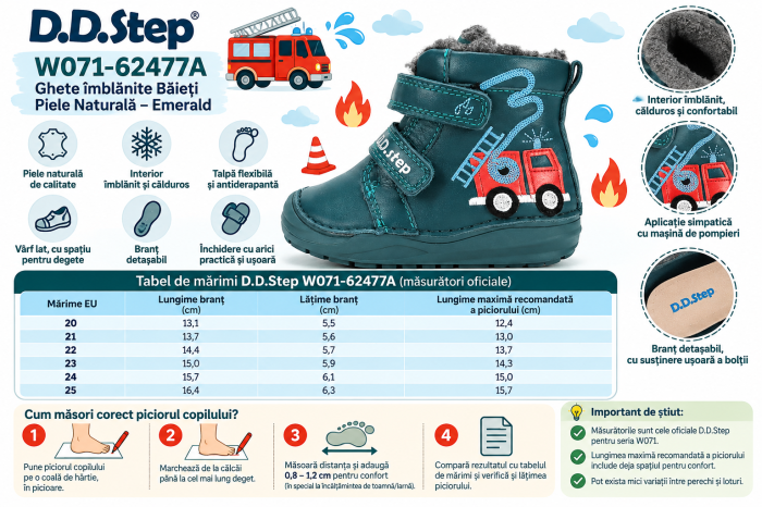Ghete Îmblănite Băieți D.D.Step W071-62477A Emerald – Piele Naturală, Verde Petrol, cu Mașină de Pompieri [8]