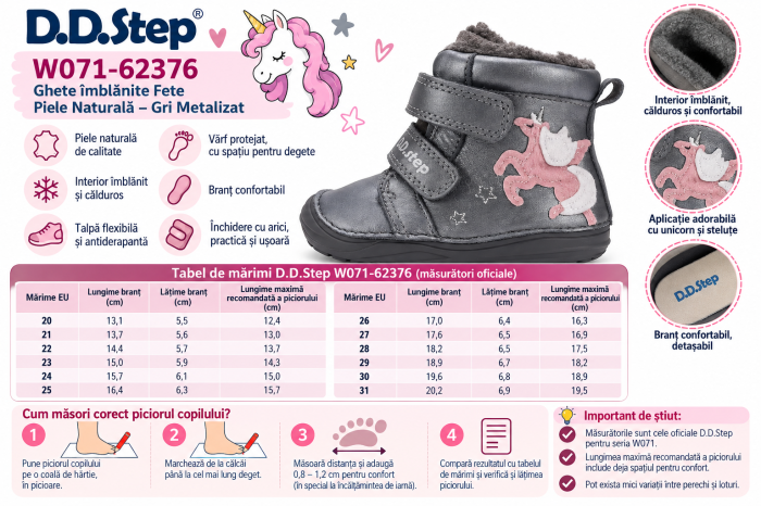 Ghete Îmblănite Fete D.D.Step W071-62376 – Piele Naturală, Gri Metalizat, cu Unicorn [8]
