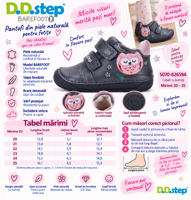 Pantofi Barefoot Fete D.D.Step S070-62659A – Piele Naturală, Cobalt cu Bufniță [9]