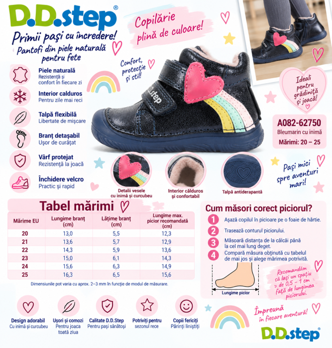 Pantofi Fete D.D.Step A082-62750 – Piele Naturală, Royal Blue cu Inimă și Curcubeu [8]
