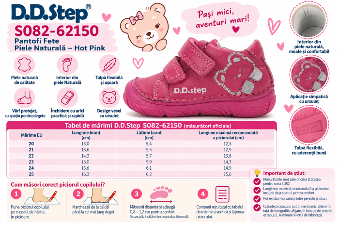 Pantofi Fete D.D.Step S082-62150 – Piele Naturală, Roz Închis, cu Ursuleț [8]